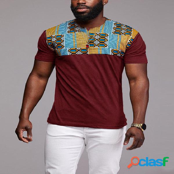 T-shirt tribal masculina verão algodão com decote em V