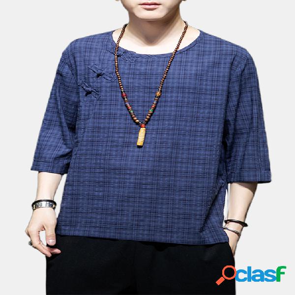 T-shirt xadrez masculino oriental com manga caída 3/4