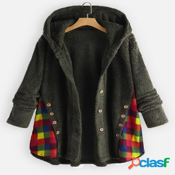 Tecido de lã xadrez patchwork botão assimétrico Plus