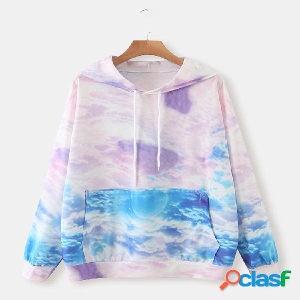 Tie Dye estampado com cordão manga comprida moletom casual