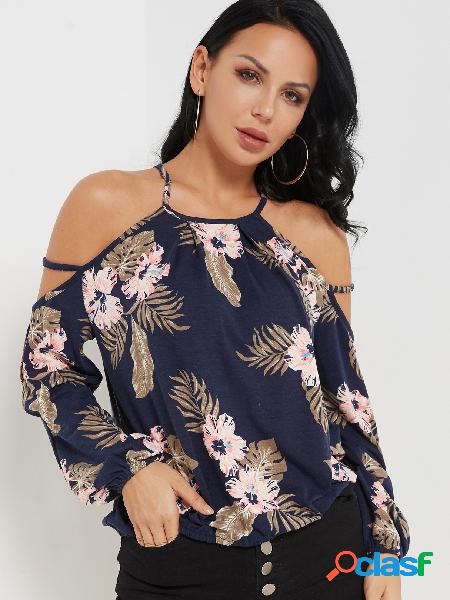 Top de mangas compridas com estampa floral marinha