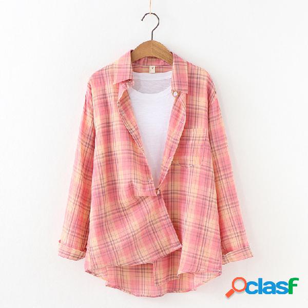 Turn-down Collar Plaid Xadrez Loose Casual Manga Comprida