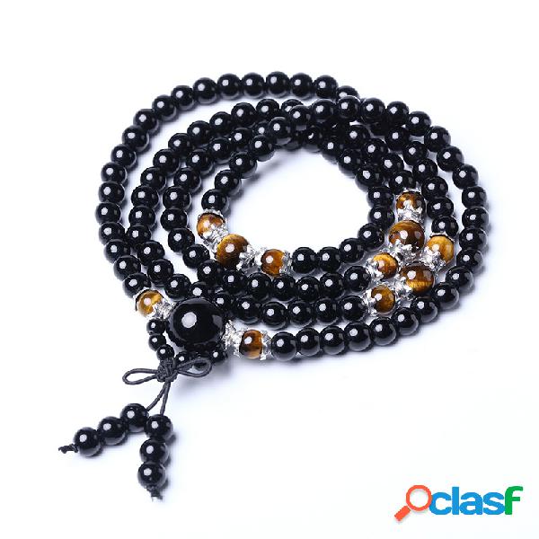 Unisex Vintage Multilayer Pulseira Pedra Natural Preto Tiger
