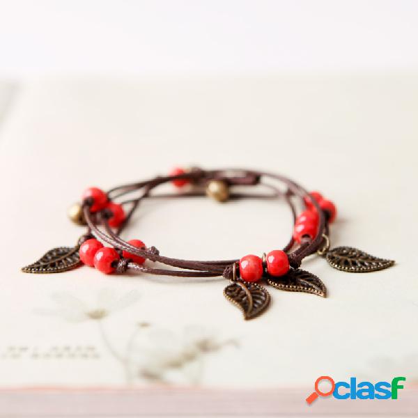 Vintage Charme Pulseira Corda de Cera Cerâmica Folhas