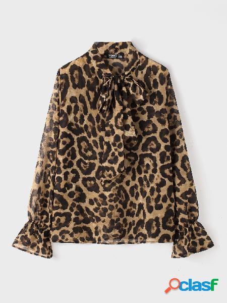 YOINS BASICS Brown Leopard Lace-up Design Blusa com babados