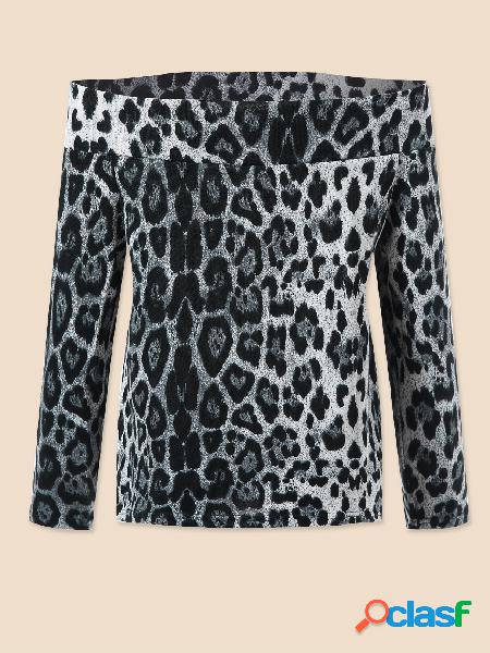 YOINS BASICS Gray Leopard Off the Shoulder Camiseta de