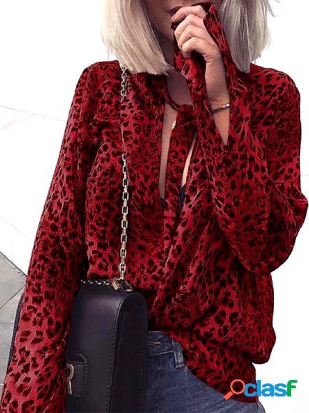 YOINS Blusa Leopardo Borgonha com gravata