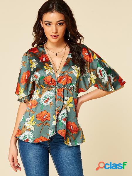 YOINS Blusa Plissada Verde Exército com Estampa Floral com