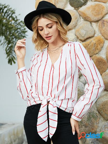 YOINS Blusa branca listrada com decote em V de mangas