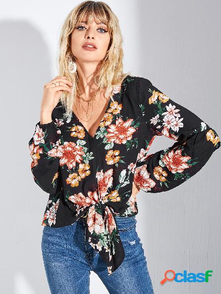 YOINS Blusa com estampa floral aleatória com decote em V