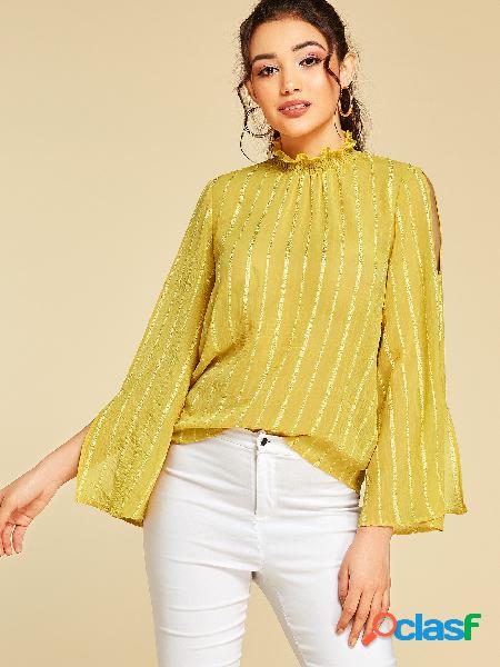 YOINS Blusa de manga comprida com listra amarela recortada