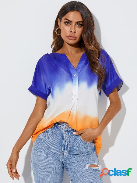 YOINS Blusa de manga curta com botão azul tie dye na frente