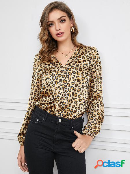 YOINS Blusa de mangas compridas com decote em V leopardo