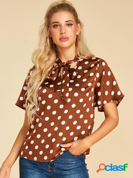 YOINS Blusa de mangas curtas de bolinhas marrom com nó