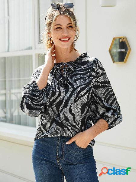 YOINS Blusa preta com babado com guarnição de leopardo