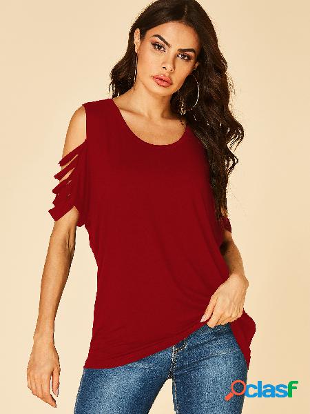 YOINS Borgonha Cold Shoulder Cut Out Mangas Curtas Tee