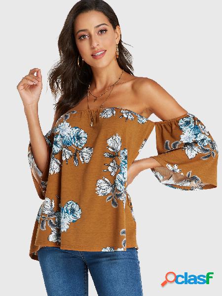 YOINS Camiseta de ombro com estampa floral marrom casual