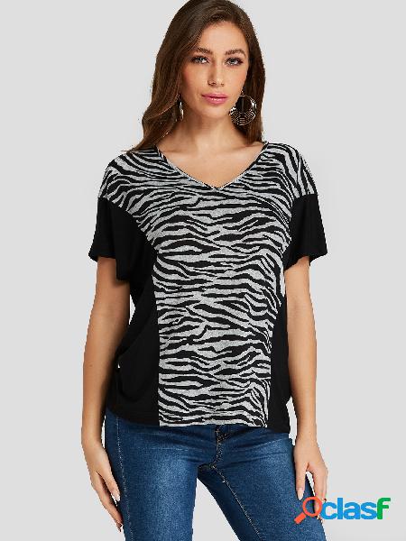 YOINS Color Block Zebra T-Shirt com decote em V