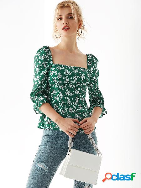 YOINS Green Random Calico Shirring blusa quadrada de