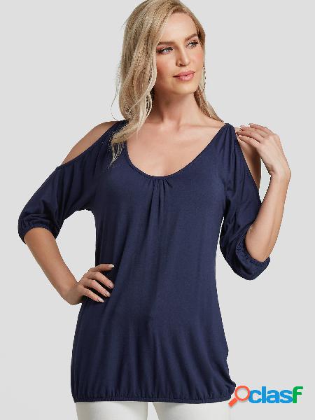 YOINS Navy Cold Shoulder mangas elásticas Tee