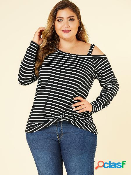 YOINS Plus Camiseta Black Twist Stripe Cold Shoulder