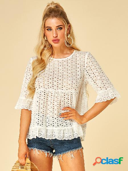 YOINS White Hollow Design Blusa com decote redondo e meia