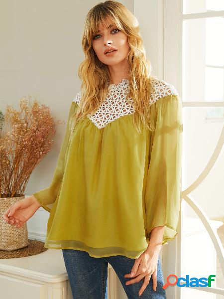 YOINS Yellow Hollow Design Patchwork Bell Sleeves Chiffon