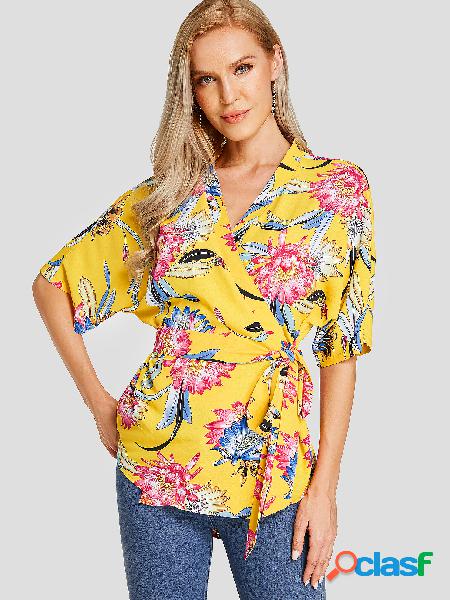 YOINS Yellow Self-tie Design Blusa com estampa floral com
