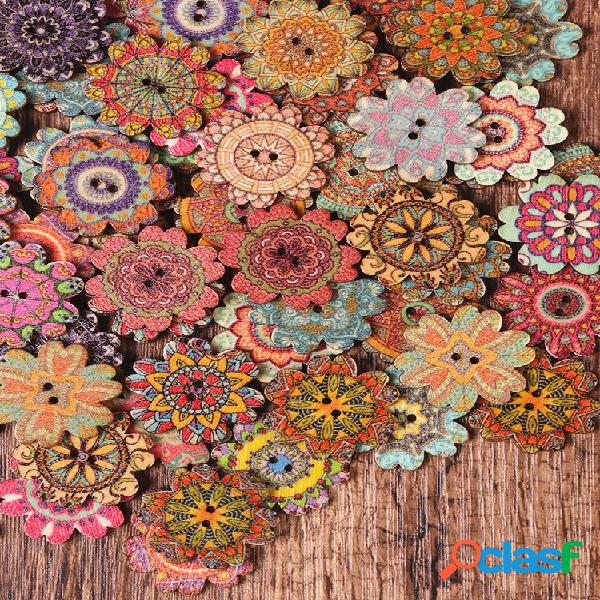 100 unidades Bohemian Wooden Botões Flower Shaped Colorful