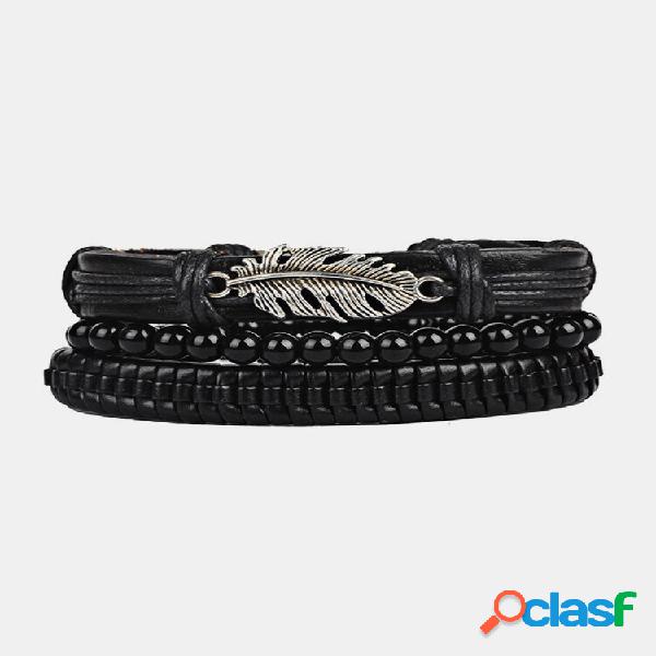 3 unidades / conjunto Punk Black pulseira de couro tecido