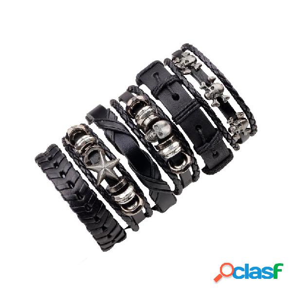 6 Pçs / set Multicamadas Pulseira De Couro Do Crânio Do