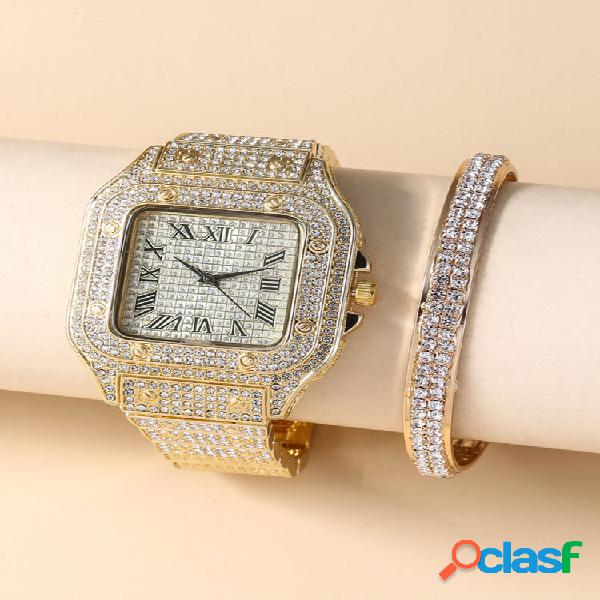 Alloy Business 2 PCS Square Full Diamond Steel Banda Quartzo