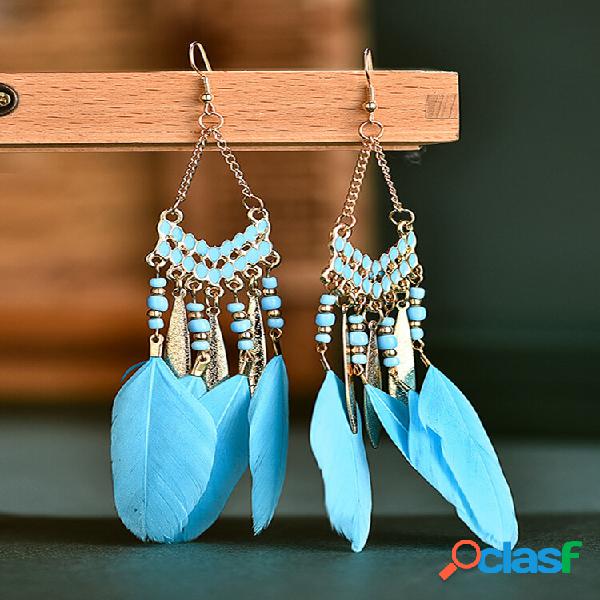 Alloy Feather Bohemia Fringed Feather Brincos longa para