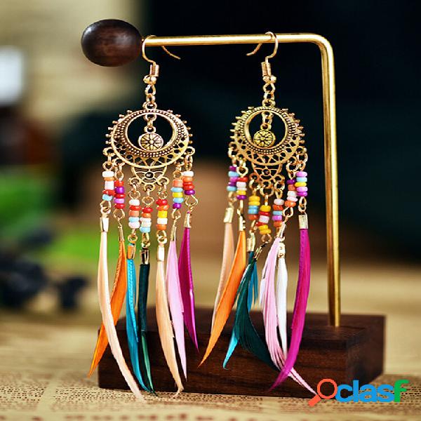 Alloy Vintage Bohemia Hollow Long Feather Colorful Grânulos