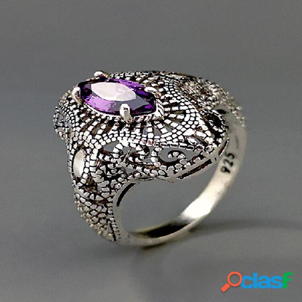 Anel de ametista de prata tailandesa vintage 925 oco
