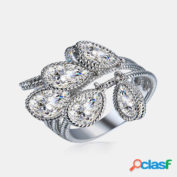 Anel de luxo feminino anel de zircão com gota d'água
