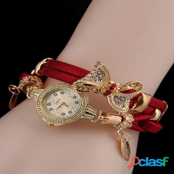 Arco de strass moderno Pingente Watch pulseira de couro