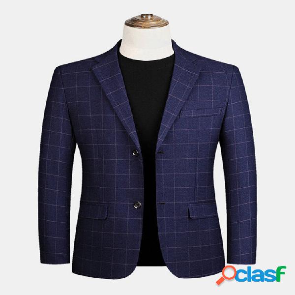 Blazers casuais de gola plana masculina xadrez single com