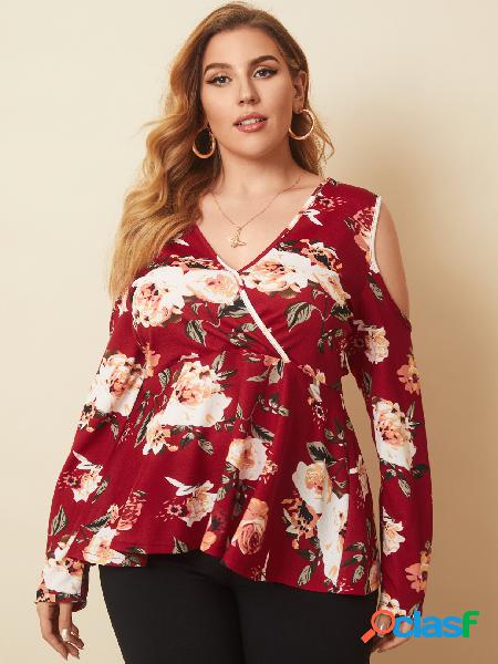 Blusa de manga comprida tamanho Plus envoltório floral