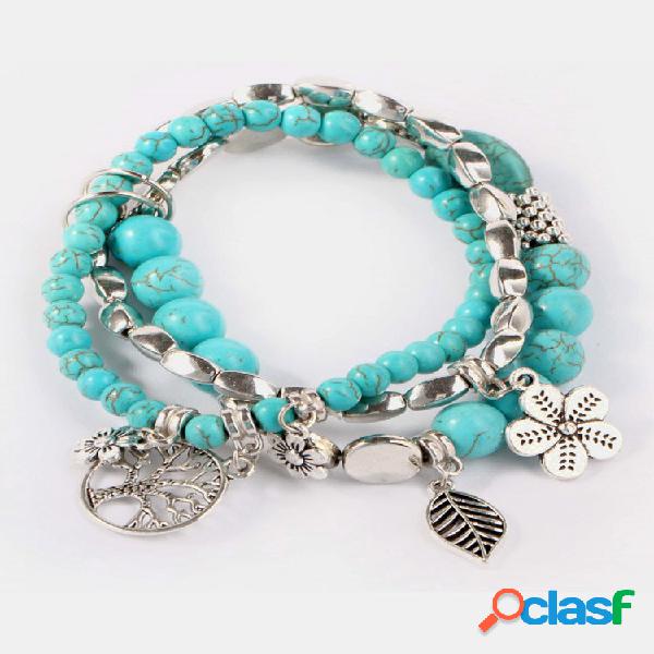Bohemian Blue Turquesa Pulseira de miçangas ocas com folhas
