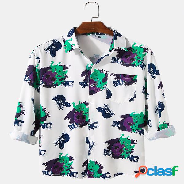 Camisa masculina estampada com lapela leve colarinho casual