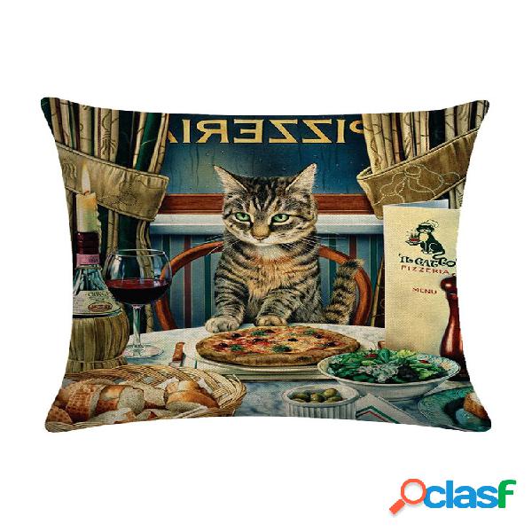 Capa de almofada de linho estampada de gato persa em estilo