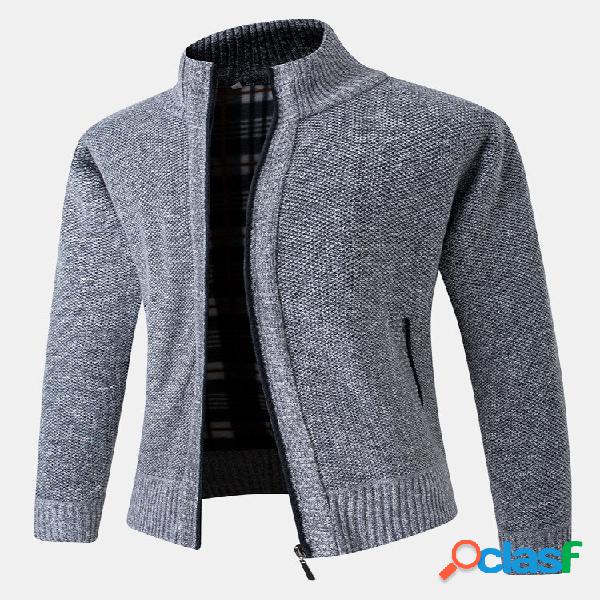 Casacos de malha masculinos com zíper frontal e gola casual
