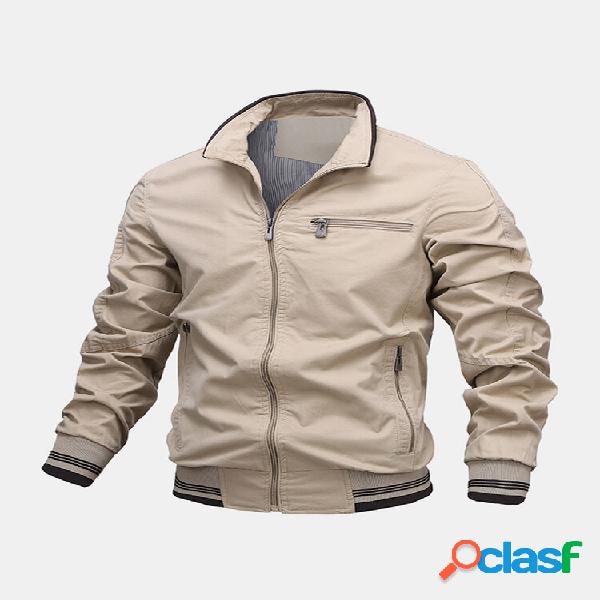Casacos masculinos 100% algodão com zíper frontal com gola