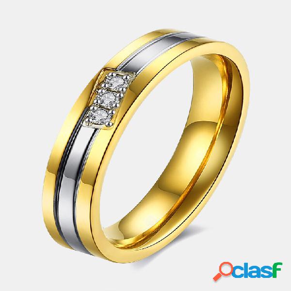 Casal Anel Doce Ouro Aço Inoxidável Anel de Zircão para