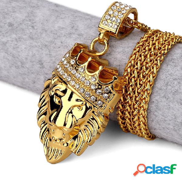 Colar Longo Hip Hop Modelo de Leão Corrente Dourado