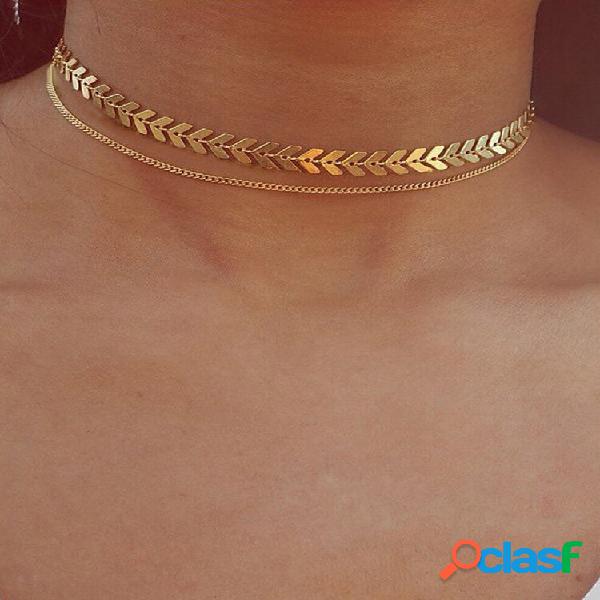 Colar chocker de ouro de dois andares em espinha de peixe