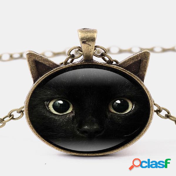 Colar feminino vintage Black com rosto de gato impresso