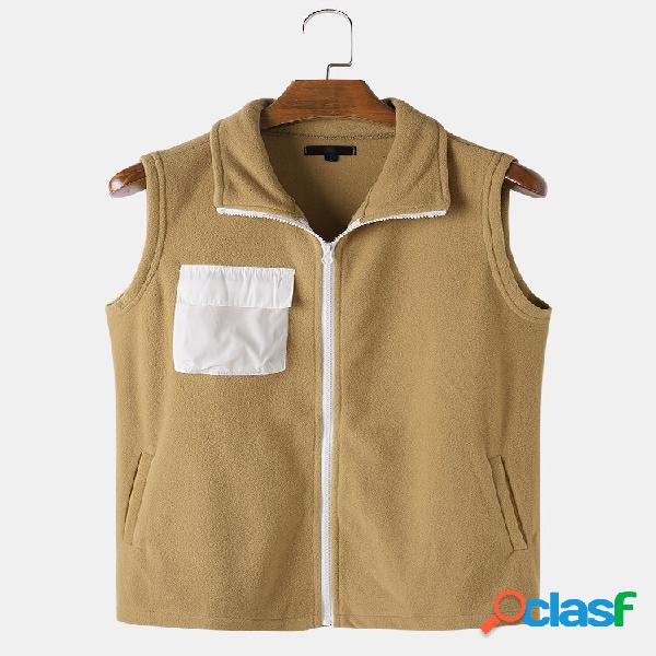 Colete de lã polar maciço masculino com zíper frontal e