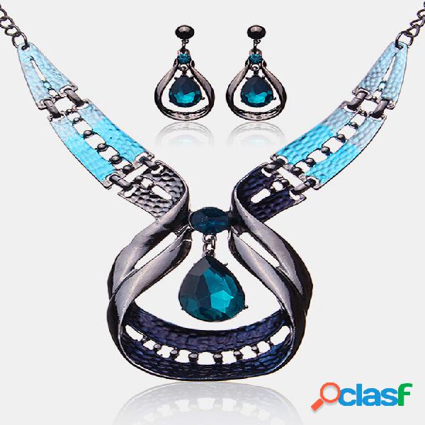 Conjunto de jóias de luxo azul strass colar de cristal